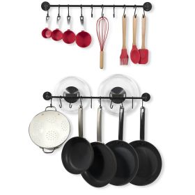 Wall-Mounted Kitchen Pot Rack Set – 2 Black Steel Rails with 20 Hooks