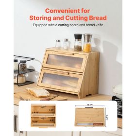 Double-Layer Bamboo Bread Box – Kitchen Counter Storage with Cutting Board & Knife
