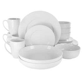 18-Piece White Porcelain Dinnerware Set with Embossed Hatch Design – Service for 4