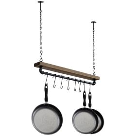 Farmhouse Ceiling-Mounted Pot Rack with Wood Shelf & 8 Hanging Hooks