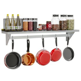 Heavy-Duty Stainless Steel Wall Shelf with Pot Rack & 5 Removable Hooks – 60 Inch