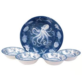 5-Piece Coastal Melamine Serving Bowl Set with Octopus & Seashell Design