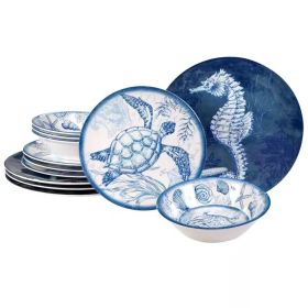 12-Piece Coastal Melamine Dinnerware Set – Blue Ocean Collection – Service for 4