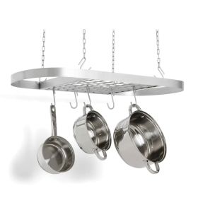 Oval Ceiling-Mounted Carbon Steel Pot Rack with 16 Hooks & Storage Grid