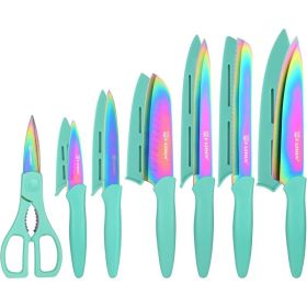 KATISUN 13-Piece Titanium-Coated Stainless Steel Knife Set with Blade Covers & Kitchen Shears – Blue (Option: Style2)