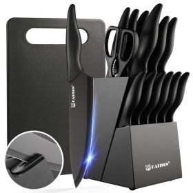 KATISUN 16-Piece German Stainless Steel Knife Block Set with Cutting Board, Sharpener & Steak Knives (Option: Black)