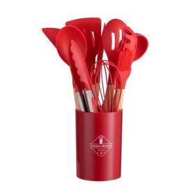 12-Piece Silicone Kitchen Utensil Set with Wooden Handles & Holder (Color: Red)