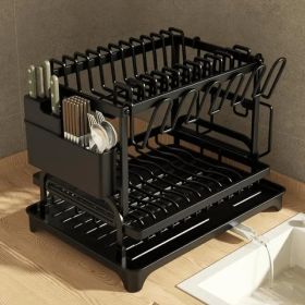 2-Tier Kitchen Dish Drying Rack with Drain Board & Utensil Holder (Option: Black)