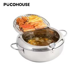 Tempura Deep Fryer Pot with Thermometer – 304 Stainless Steel (Option: Silver)